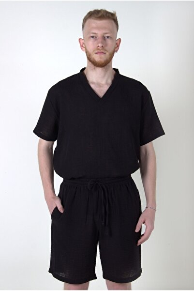 ARİNNASİDE Muslin Men's Casual and Summer Black Shorts with Elastic Waist and Laces
