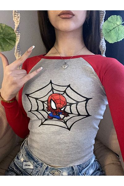 1blood Κόκκινο Raglan Sleeve Mini Spider Boy Spiderman Crop Body