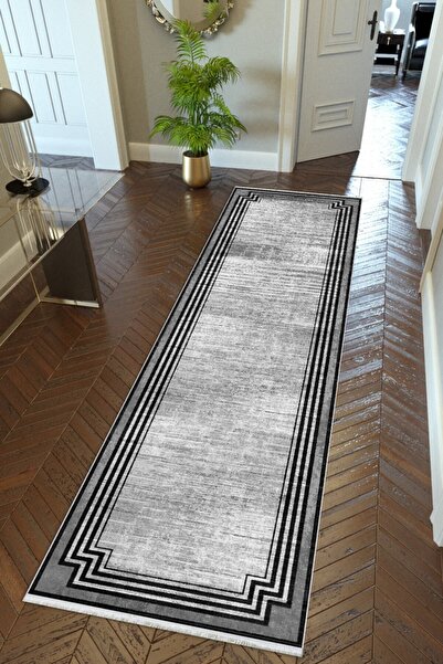 10 Post Online Classic Gray Black Runner - Non-Slip Base, Washable Thin Print, Hallway Carpet