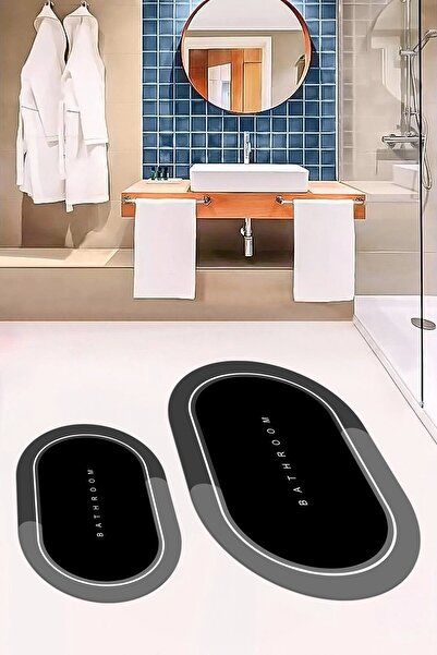 EY HOME Ψηφιακό τυπωμένο πλενόμενο σετ τουαλέτας με γραπτό οβάλ χαλάκι μπάνιου, OKLZT-1-BLACK,