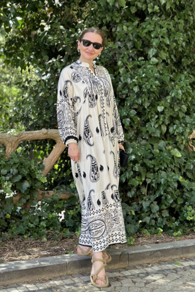 AYASOFYA OTANTIK White Black Long Dress - Button Detail, Loose Sleeves