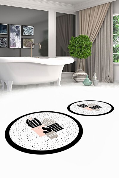 EY HOME Ψηφιακό πλενόμενο αντιολισθητικό σετ τουαλέτας με μοτίβο λουλουδιών κάκτου διπλό στρογγυλό χαλάκι μπάνιου