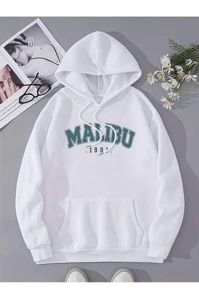 NOFLEN Unisex Λευκό Malibu εμπριμέ φούτερ με κουκούλα
