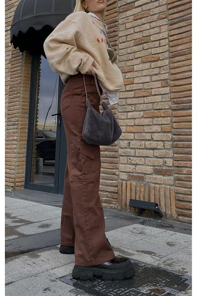 Gofeel Y2k Unisex Cargo Pocket Ελαστική μέση Καφέ Oversize Φαρδύ παντελόνι