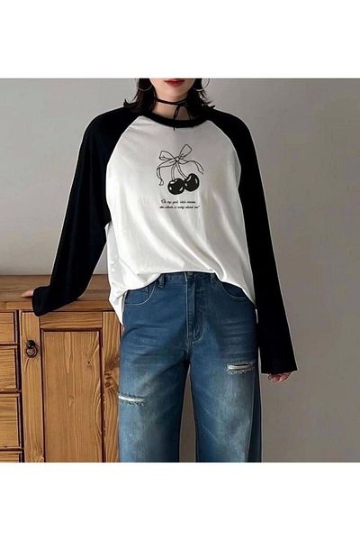 1blood White Long Sleeve Raglan T-Shirt - Cherry