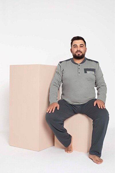 bie's Γκρι καπνιστό 3 κουμπιά - Εποχιακό μακρυμάνικο 100% βαμβακερό σετ πιτζάμες με τσέπη στο στήθος