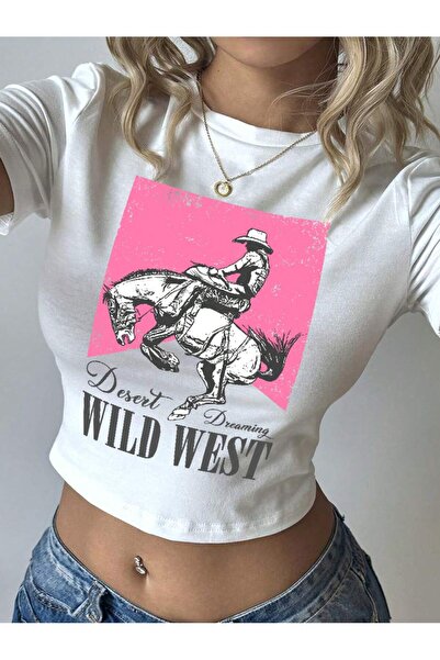 Jose Clothing Λευκό εμπριμέ γυναικείο Crop Top - Κοντό μανίκι, μπλούζα που εφ...