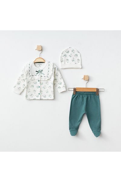 Aziz Bebe Green Leaf Patterned 3-Piece Baby Set - Bottom, Top Hat, Footed, Size 0-3-6 Months