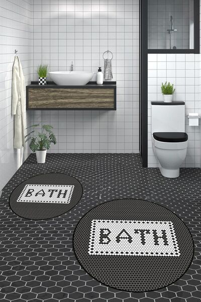 EY HOME Digital Mosaic Pattern Bath Written Double Round Bath Mat Toilet Set