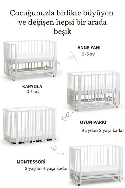 EGEBABY Beyaz Ahşap 4in1 Beşik Takım (BL) 70 X 110-anneyanı, Karyola, Oyun Parkı, Montessori Junior Yatak