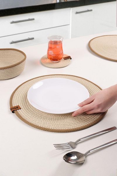 Pikas 6 Pieces Jute Plate / American Service Lux Presentation Plate, Presentation Plate Dowry Set Knitted Plate Bottom