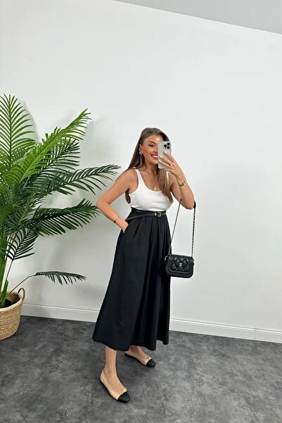 db didem butik Casual Maxi Skirt with Aerobin Fabric and Pocket Detail, Thick Rubber Waist