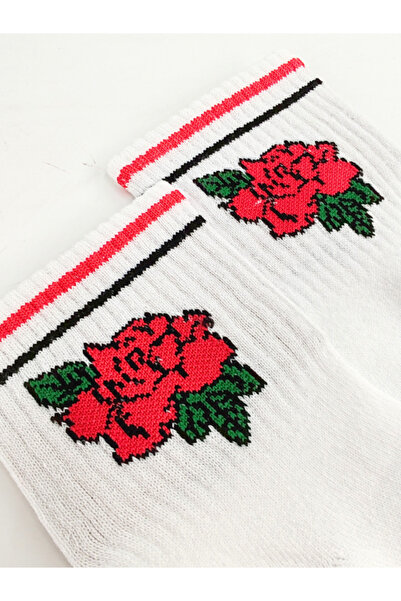 Shuttle Park Унисекс бели колежански чорапи - цветни шарки, червени розови бели чорапи