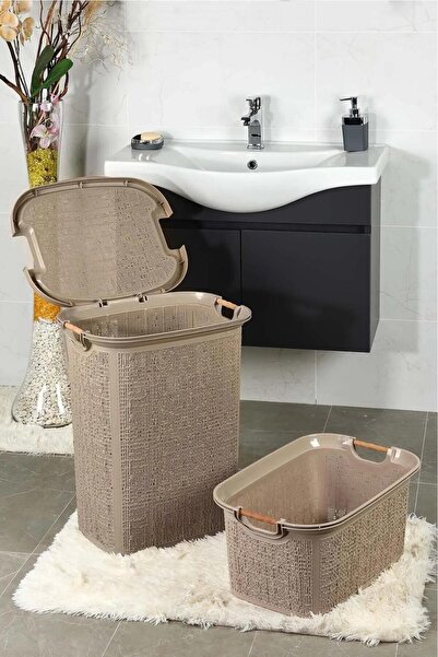 Bayev Woow Kahve Kirli Sepeti Ve Çamaşır Sepeti Seti - Ahşap Saplı Banyo Seti