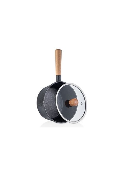 FALEZ 2-Piece Cast Iron Sauce Bowl Milk Bowl Pan Set - Black Line with Glass Lid and Spout