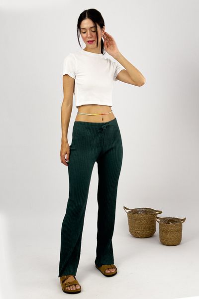 Betimoda Pantaloni de pijama din bumbac pieptănat cu dungi din velur pentru femei, verde armată