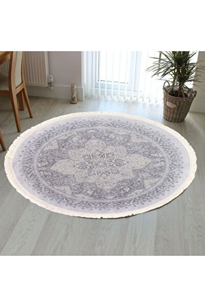 In House Velvet Turkish Round Decorative Carpet -Grey - 120x120 cm
