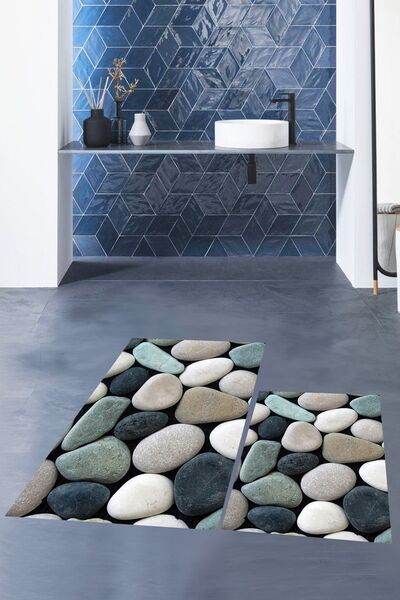 EY HOME Set de scaune de toaletă cu covor de baie dublu lavabil, cu model de piatră colorată 3D, ștergabil, WC-46-COLOR,