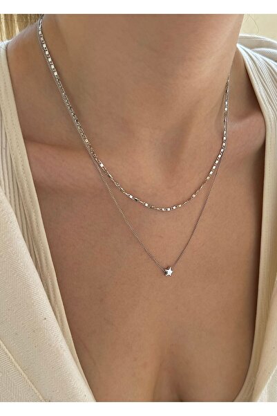 takıtarzım Çift incirli yıldız silver kadın kombin kolye