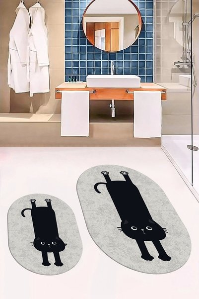 EY HOME Digital Printed Washable Non-Slip Cute Cat Double-Sided Bathroom Rug Mat Oval Toilet Set