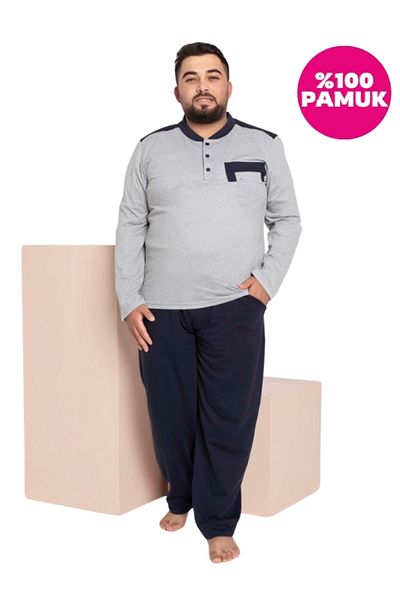 bie's Gray Navy Blue - Large Size Seasonal Long Sleeve Cotton Pajamas Set with 3 Buttons and Chest Pockets