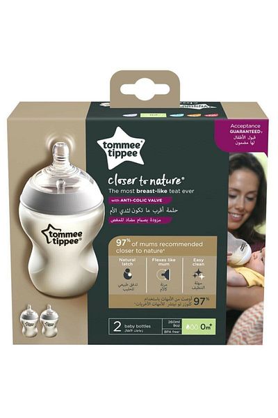 tommee tippee Closer To Nature 0-3 Months Baby Bottle - Slow Flow, 2x260ml White