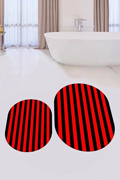EY HOME Digital Washable Non-Slip Striped Modern Double Bathroom Rug Mat Oval Toilet Set