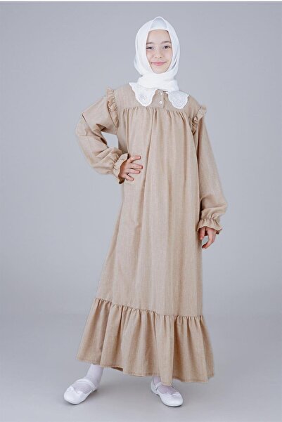 Markosin فستان فضفاض للفتيات الصغيرات باللون البيج بأكمام مطاطية