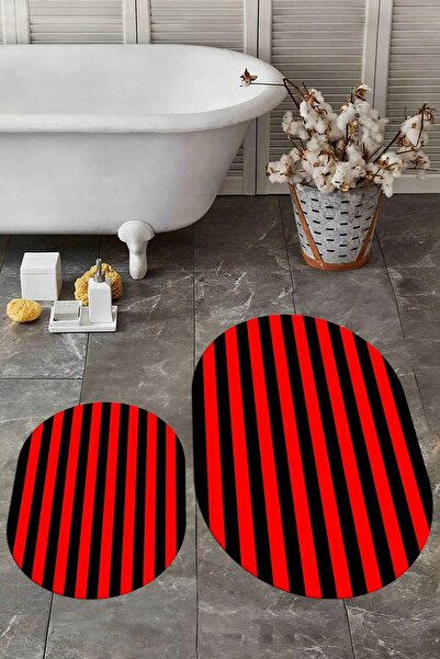 EY HOME Digital Washable Non-Slip Striped Modern Double Bathroom Rug Mat Oval Toilet Set