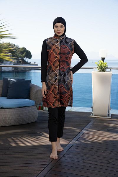Estiva Women's Full Covered Zippered Red Patterned Hijab Swimsuit Black