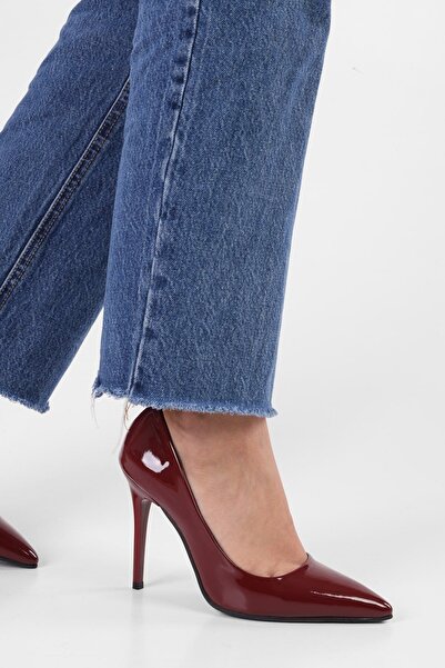 Afilli Бордові лакована шкіра тонкий високий каблук загострений носок повсякденні жіночі туфлі на шпильці