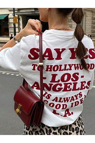 Bengi Clothing تي شيرت قطني أبيض كبير الحجم - كم قصير، مطبوع