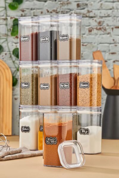 OES HOME طقم أوعية توابل شفافة بغطاء مفرغ سعة 300 مل مكون من 12 قطعة - حشية س...