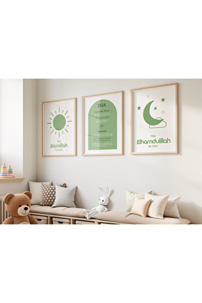 Efsa Sanat Tasarım Çerçeveli Çocuk Odası Dualı Tablo Seti - Bebek Odası Tablosu - Dualı Yeşil Tablo Seti