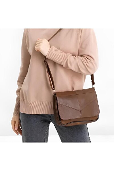 Erzeno جلد طبيعي 100% بلون أسمر - حقيبة كروس وكتف نسائية يومية