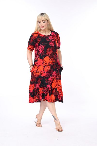 MJORA Plus Size Poppy Print Frilly Skirt and Pocket Dress