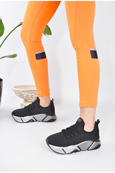 KOTAN Siyah - Günlük Kadın Sneaker Bağcıklı Triko Esnek Hafif Ve Kalın Taban Yürüyüş Spor Ayakkabı