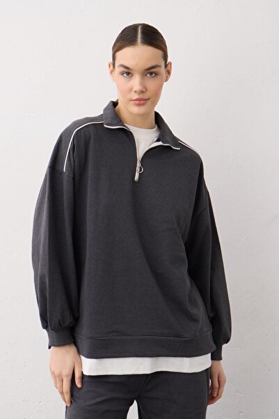 Basicpark Anthracite Skirt Single Jersey Detailed Zippered Knitted Cotton Bottom and Top Set