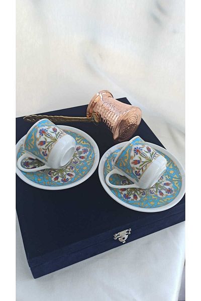Nihal Süeda Velvet Boxed Copper Coffee Pot Palace Model Double Porcelain Cup Set
