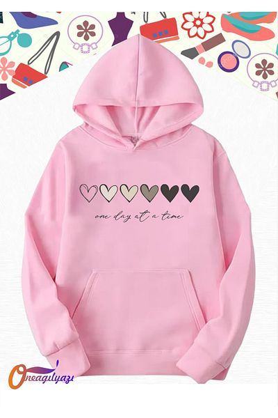 oneagılyazı Oversize Hooded Sweatshirt - Hearts Design Printed
