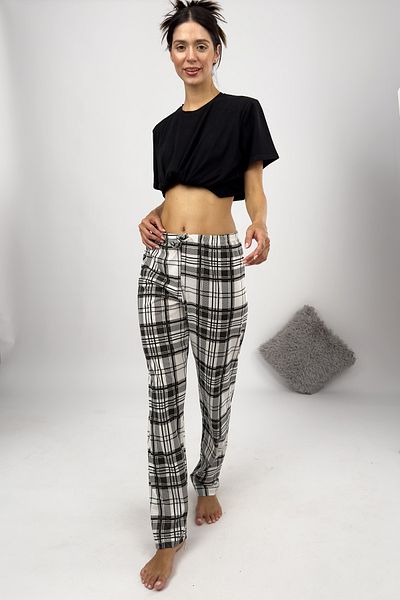 Betimoda Pantaloni de pijama de damă alb negru pătrat cu panglică