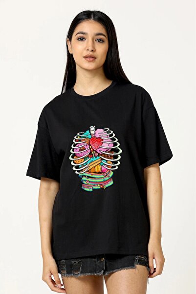 LAND MODA Γυναικείο μπλουζάκι από βαμβάκι Oversized - Έγχρωμο σκελετό σε σχήμ...