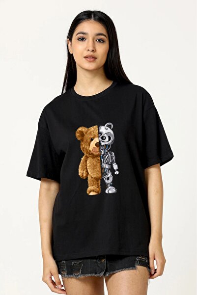 LAND MODA Tricou supradimensionat pentru femei din bumbac 100% - Robot Bear O...