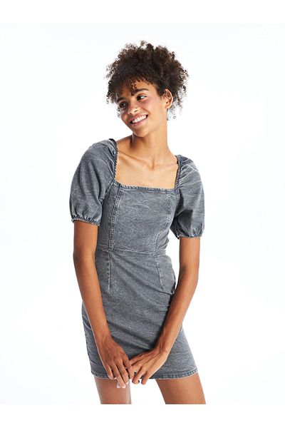LC Waikiki Square Neck Short Sleeve XSIDE Women's Jean Dress