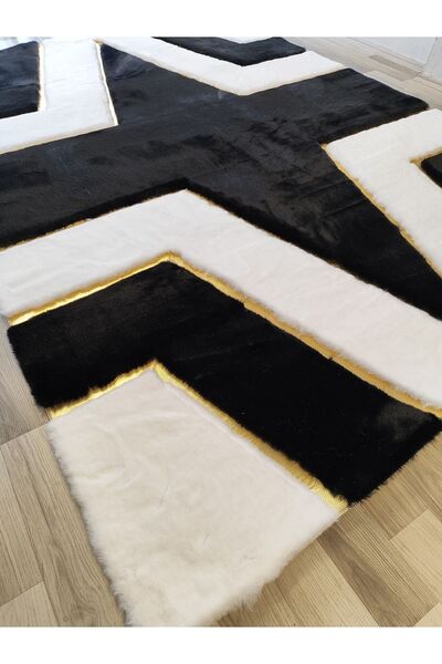 KRAL HOME Gold Çizgili Siyah ve Beyaz El Yapımı Peluş Halı