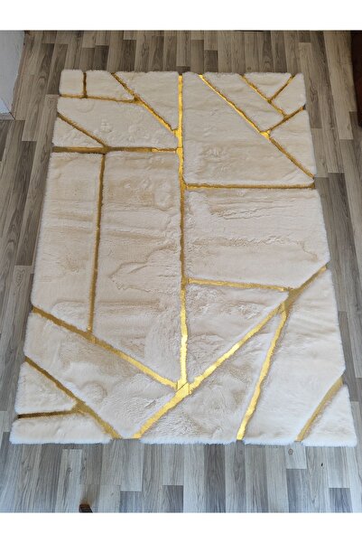 KRAL HOME Gold Çizgili Açık Krem Peluş Halı