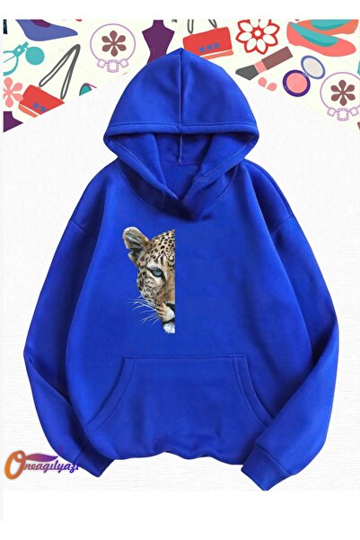 oneagılyazı سويت شيرت بغطاء للرأس كبير الحجم - تصميم نصف ليوبارد، مطبوع