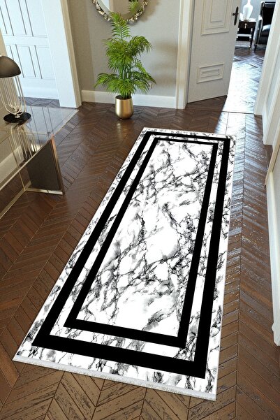10 Post Online Black and White Marble Runner - Frame and Cutting Washable Thin Corridor Carpet