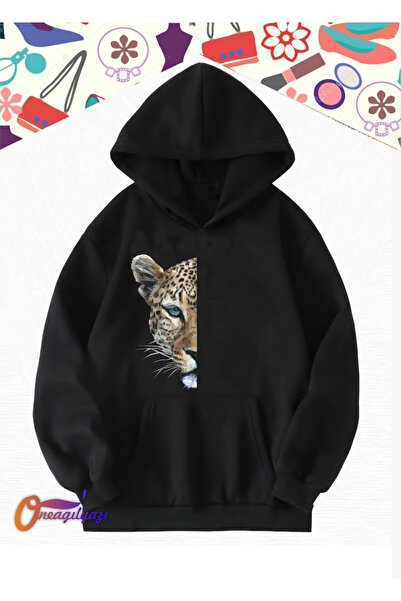 oneagılyazı سويت شيرت بغطاء للرأس كبير الحجم - تصميم نصف ليوبارد، مطبوع