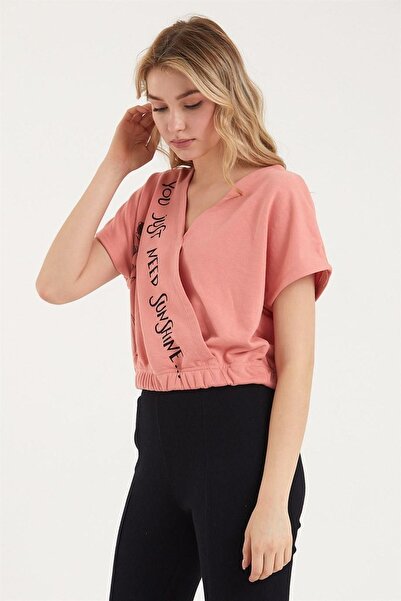 CrazyShopping Γυναικεία Μπλούζα Διπλό Γιακά - Κοντό Μανίκι